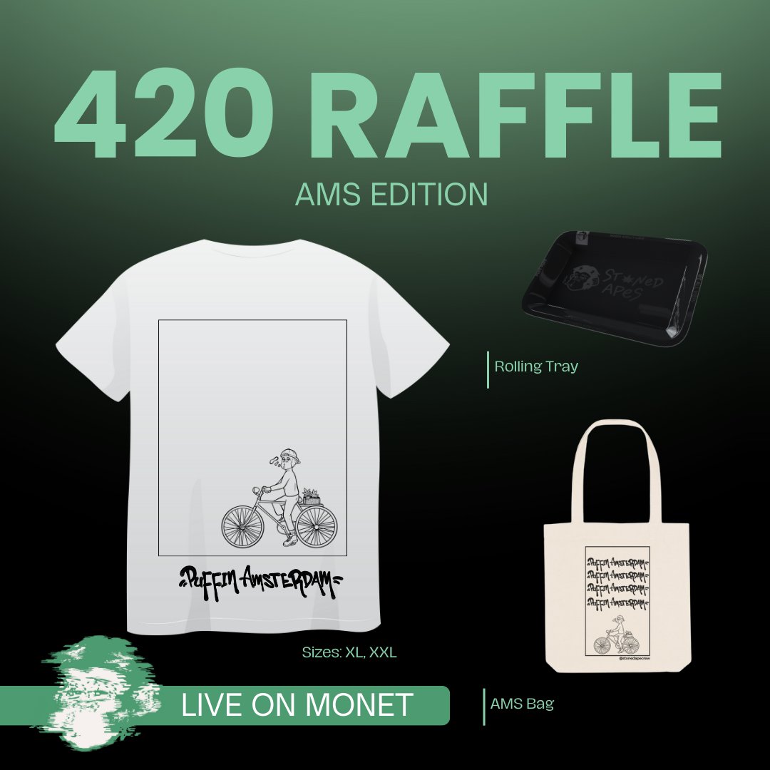 420 Vibes incoming: First raffle live on <a href="/MonetSAC/">Monet | Community, Raffles, and Solana</a> 💨

Win epic Puffin Amsterdam gear - shirts, bags, trays &amp; more! 

Check it out 👇