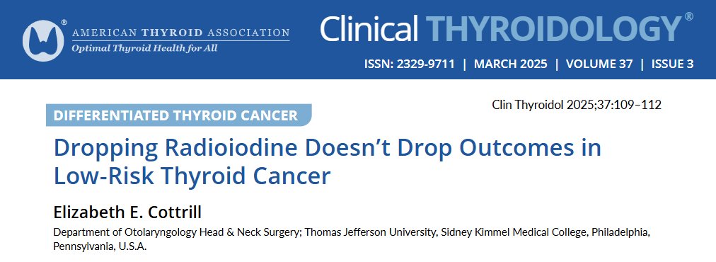 Open Access at #ClinicalThyroidology. Go to read/download now - 

Lower risk #thyroidcancer treated without #RAI shows similar oncologic outcomes while improving quality of life.

ow.ly/M7rO50VuU8i

#medtwitter #endotwitter #radioactiveIodine #PTC