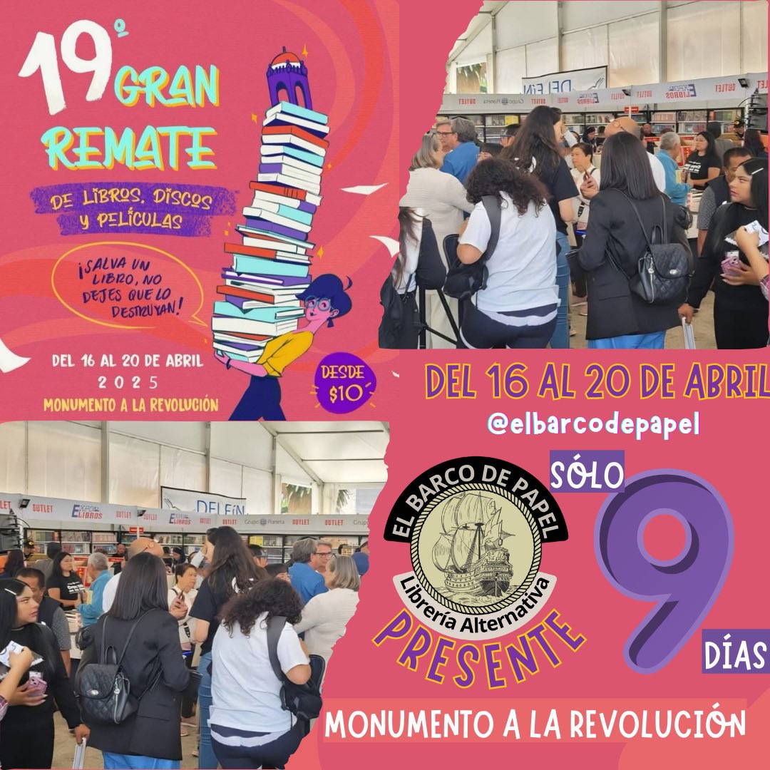 ¡En tan solo 9 días de empezaremos con el GRAN REMATE DE LIBROS EN EL MONUMENTO A LA REVOLUCIÓN en su edición 19 
Estén atent@s a nuestras publicaciones, iremos compartiendo nuestras promociones y nuestra ubicación en el evento
¡No se lo pueden perder!
#ElBarcoDePapel