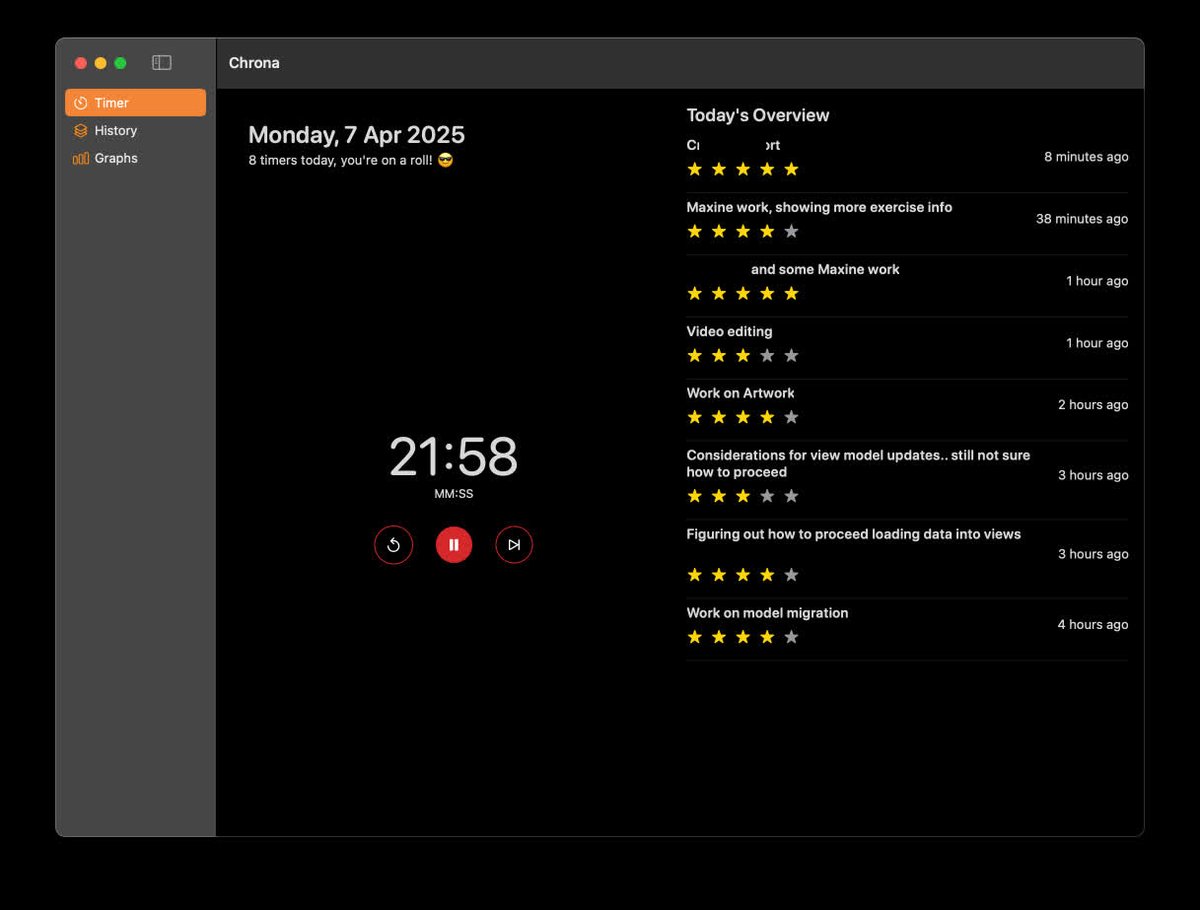 DonnyWals's tweet image. I think it&apos;s about time I ship my first app of the year this week...

Track pomodoros, write down what you did, and review your productivity in graphs. It&apos;s a simple idea, but it&apos;s been working _really_ well for me these past few weeks. 😁

Just a few more small things to fix…