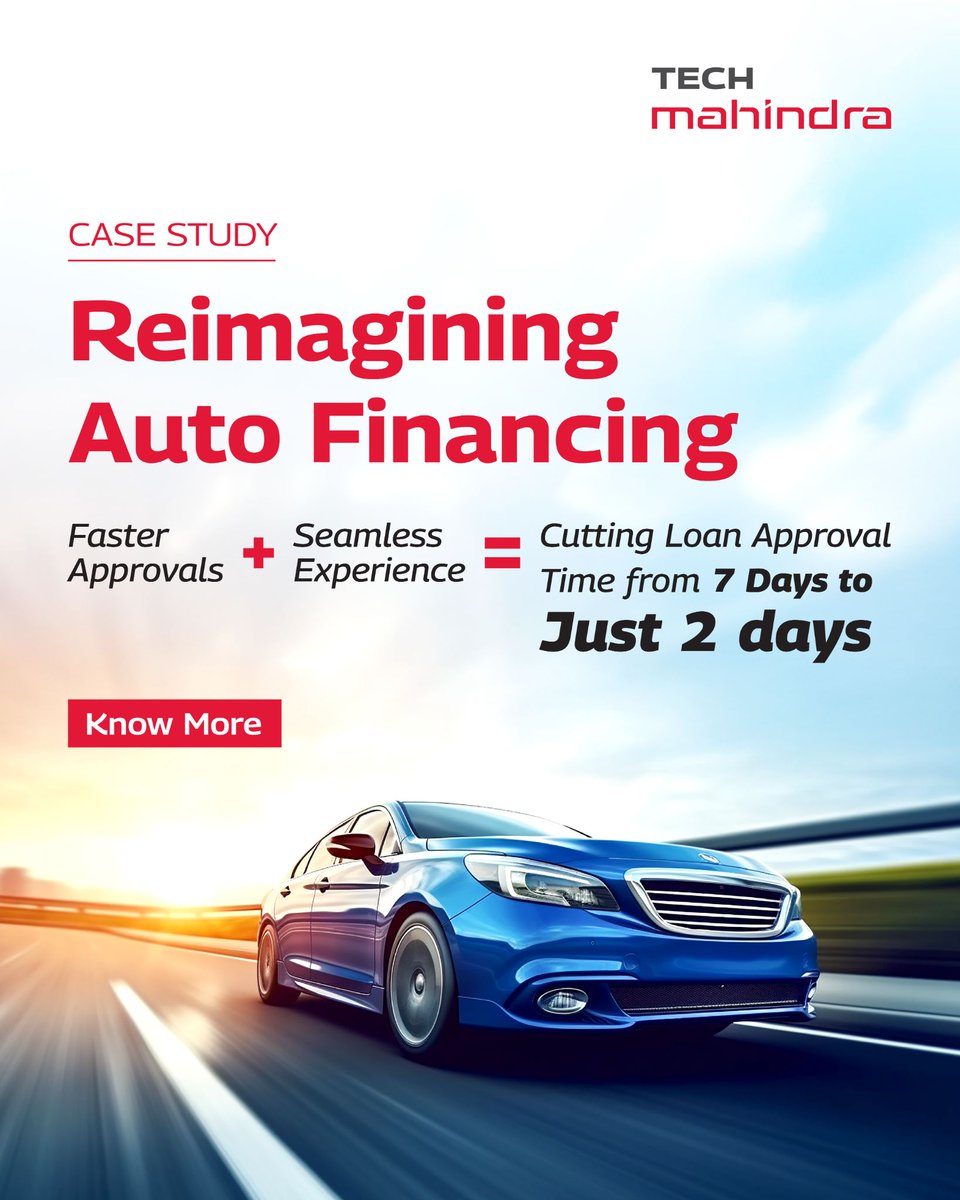 tech_mahindra's tweet photo. Read how @Tech_Mahindra partnered with a leading Canadian bank to modernize #AutoFinancing through a #cloud-native platform, eliminating inefficiencies and accelerating loan approvals.

Know more: https://t.co/GSgkdxukyo

#ScaleAtSpeed #BFSI #AutoFinance #AI #Automation https://t.co/hmxPp6DI72