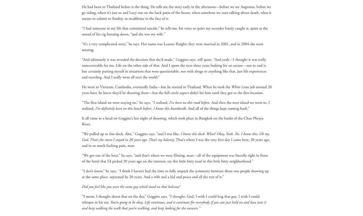 Thinking about this story that Walton Goggins told GQ about being in Thailand 20 years before filming White Lotus after his wife's suicide and how it all came flooding back gq.com/story/walton-g…