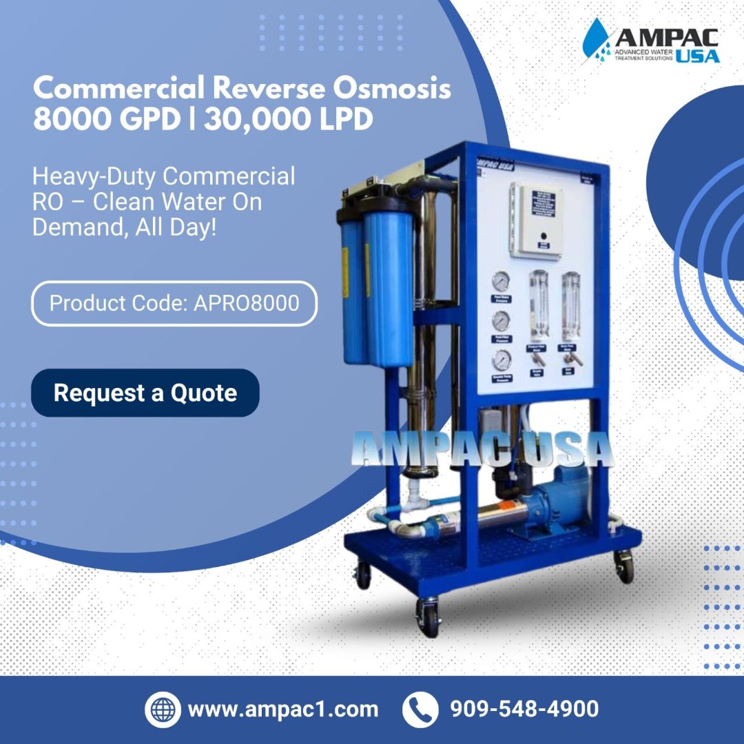 ampacusa's tweet image. Meet the AMPAC USA Commercial RO System – 8000 GPD (30,000 LPD). Engineered for heavy-duty performance, it's perfect for industries, commercial buildings, and large-scale operations.
👉 Learn more: bit.ly/4a2RiJW
#AMPACUSA #Commercialro #ROsystem #Cleanwater