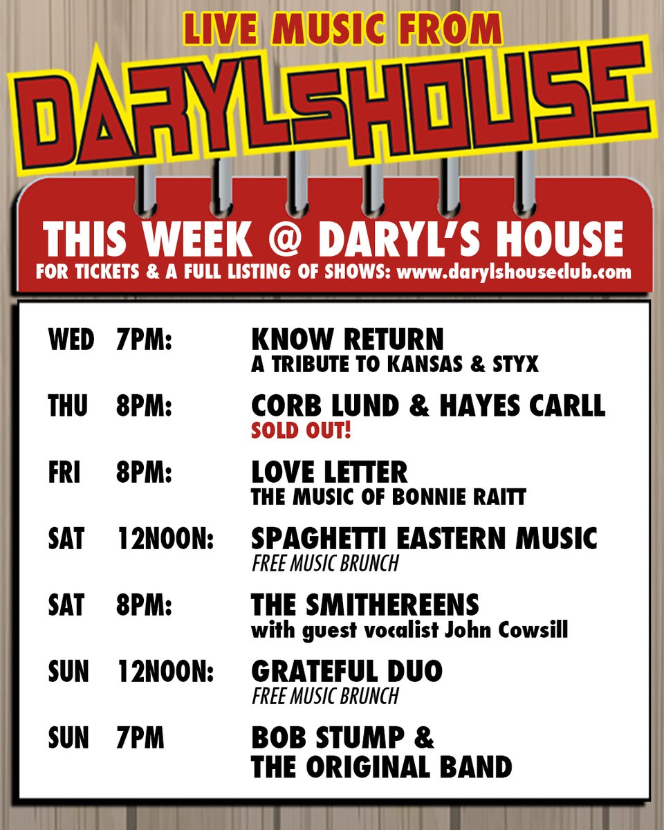 DarylsHouseClub's tweet photo. Get your tickets on our website SHOWS Page!
#knowreturn #tributetostyx #tributetokansas #tributetobonnieraitt #spaghettieasternmusic #thesmithereens #johncowsill #gratefulduo #bobstump
#darylshouseclub https://t.co/mPvpXVxQAn