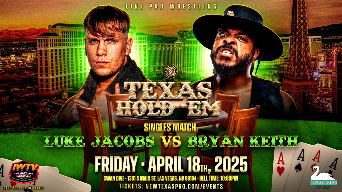 New Texas Pro Wrestling (@newtexaspw) on Twitter photo ❗️MATCH ANNOUNCEMENT❗️
Singles Match:
<a href="/LukeJacobs00_YG/">Luke Jacobs</a> v <a href="/bountykeith/">BRYAN KEITH</a>
The first matchup announced for Texas Hold ‘Em in Vegas pits two of the best grapplers on the planet against each other in a first time matchup!
Already Announced:
Carter BlaQ
Michael Oku
Zayda Steel
Kylie ❗️MATCH ANNOUNCEMENT❗️
Singles Match:
<a href="/LukeJacobs00_YG/">Luke Jacobs</a> v <a href="/bountykeith/">BRYAN KEITH</a>
The first matchup announced for Texas Hold ‘Em in Vegas pits two of the best grapplers on the planet against each other in a first time matchup!
Already Announced:
Carter BlaQ
Michael Oku
Zayda Steel
Kylie