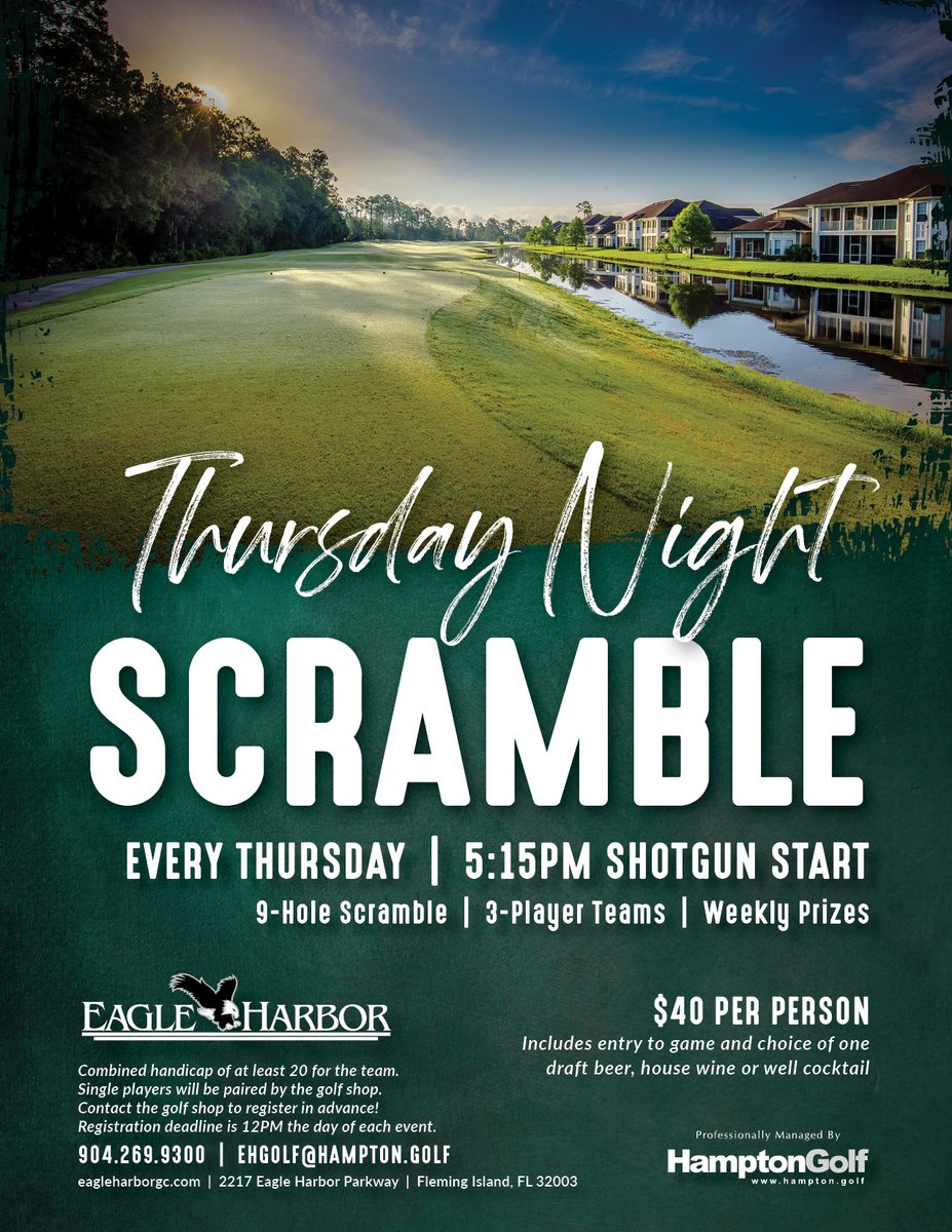 Register today for our weekly🏌🏼‍♂️⛳️Thursday Night Scramble!

Thursdays | 5:15PM Shotgun Start

Contact the golf shop to register in advance! Registration deadline is 12PM the day of each event. 904.269.9300 | ehgolf@hampton.golf