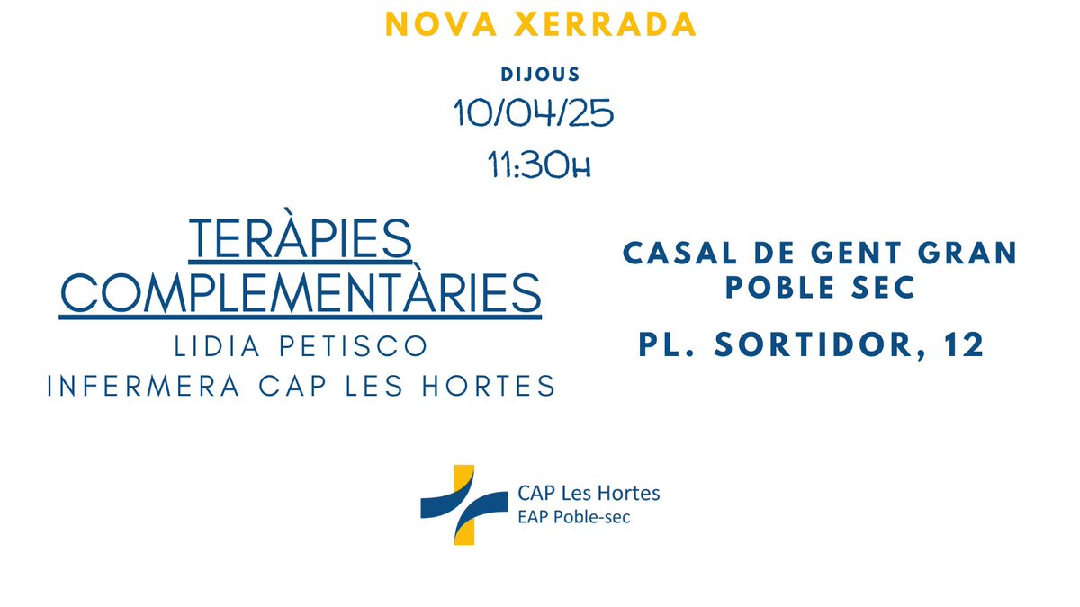 Nova xerrada per millorar el teu benestar físic i emocional a través de diferents teràpies complementàries que t'ajudaran a millorar el teu benestar i equilibri físic i emocional.
👩‍⚕️Lidia Petisco, infermera.
Acupuntura  
Reflexologia  
Reiki  
Flors de Bach  
Aromateràpia
