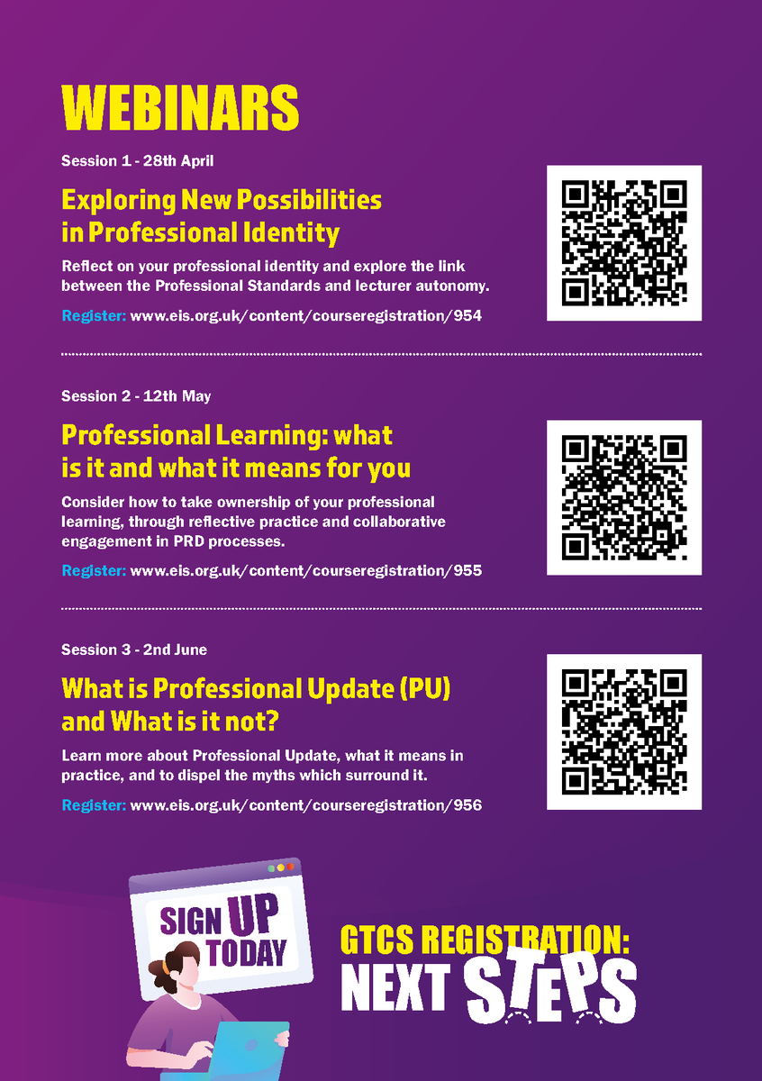 The EIS is hosting webinars for EIS-FELA members registered with GTCS. We'll focus on lecturers’ professional identity, Professional Standards, and the Professional Update process. For info and registration, visit our webpage: eis.org.uk/seminarscourse…