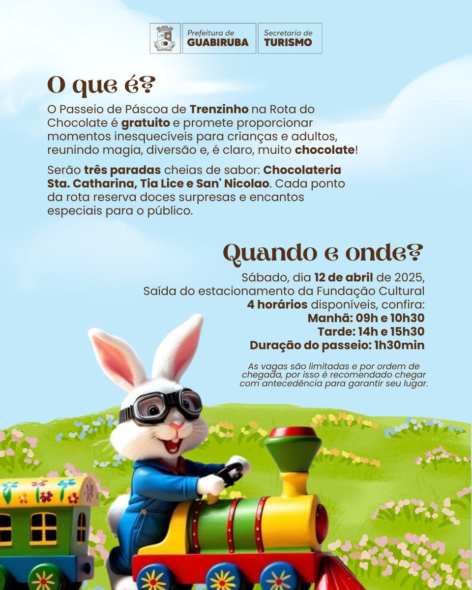 GuabiTur's tweet photo. Passeio de #Páscoa – Rota do Chocolate
Venha viver a magia da Páscoa em Guabiruba com um passeio de trenzinho pela Rota do #Chocolate! 
Data: 12 de abril de 2025
Horários de saída:
Manhã: 9h e 10h30min
Tarde: 14h e 15h30min
Local de saída: Estacionamento da Fundação Cultural. https://t.co/SPlIPMDCA5