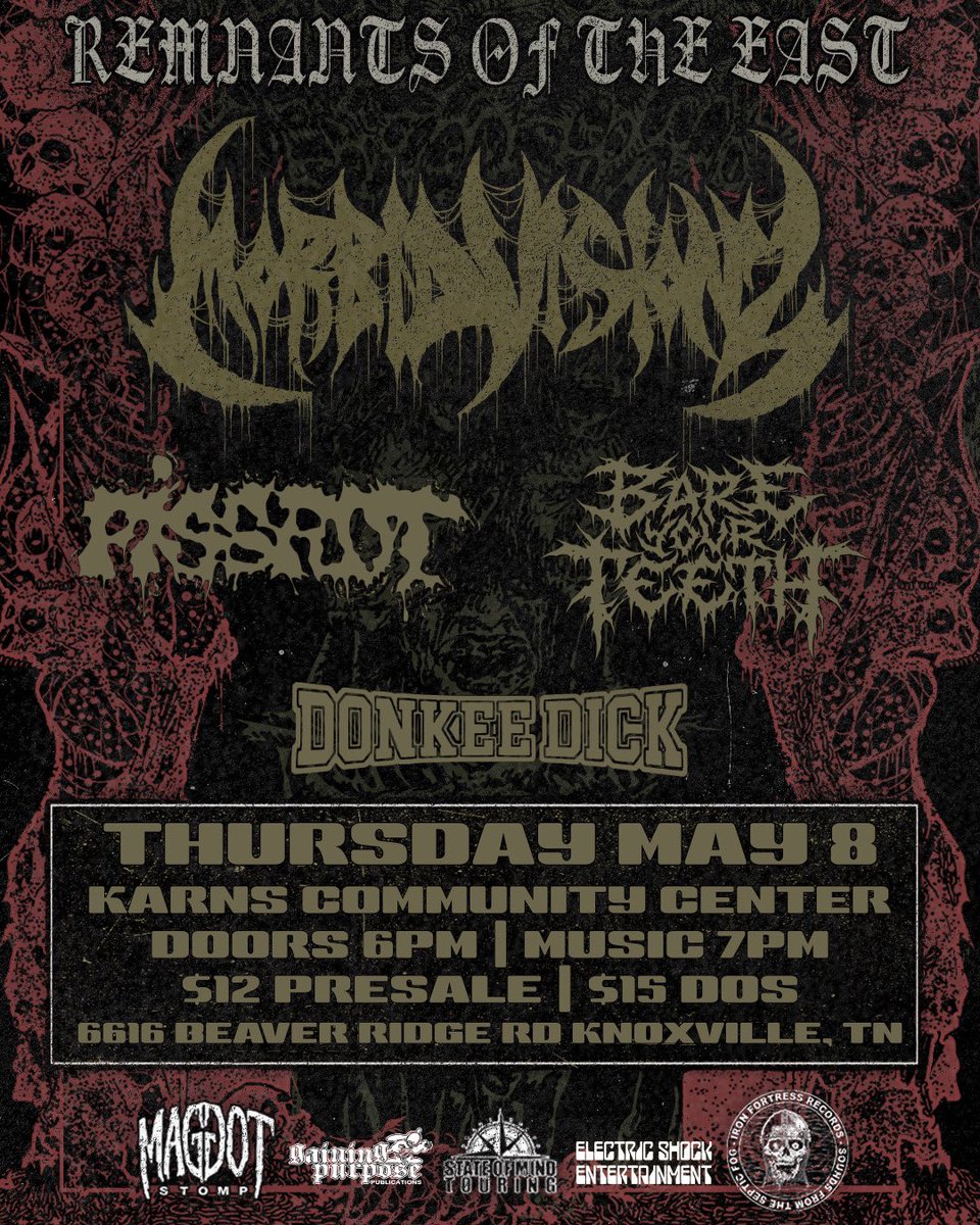 Ash E. Ton (she/her) (@noxmorexair) on Twitter photo 🚨GAINING PURPOSE FUNCTION🚨
<a href="/MorbidVisionzdm/">Morbid Visionz</a> returns to Knoxville, Tennessee on May 8th!
Local support from Pissrot, Bare Your Teeth, and Donkee Dick!
Presales in bio!!! 🚨GAINING PURPOSE FUNCTION🚨
<a href="/MorbidVisionzdm/">Morbid Visionz</a> returns to Knoxville, Tennessee on May 8th!
Local support from Pissrot, Bare Your Teeth, and Donkee Dick!
Presales in bio!!!