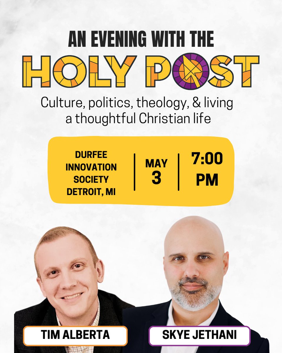 Holy Post Media (@holypostpodcast) on Twitter photo We're coming to Detroit! Bring a friend and get your tickets today: loom.ly/BRZ1HEo
Join <a href="/SkyeJethani/">Skye Jethani</a>, <a href="/TimAlberta/">Tim Alberta</a>, HP Producer Mike Stralow and fellow members of the community for An Evening with the Holy Post. We'll enjoy a time of casual socializing followed by a We're coming to Detroit! Bring a friend and get your tickets today: loom.ly/BRZ1HEo
Join <a href="/SkyeJethani/">Skye Jethani</a>, <a href="/TimAlberta/">Tim Alberta</a>, HP Producer Mike Stralow and fellow members of the community for An Evening with the Holy Post. We'll enjoy a time of casual socializing followed by a