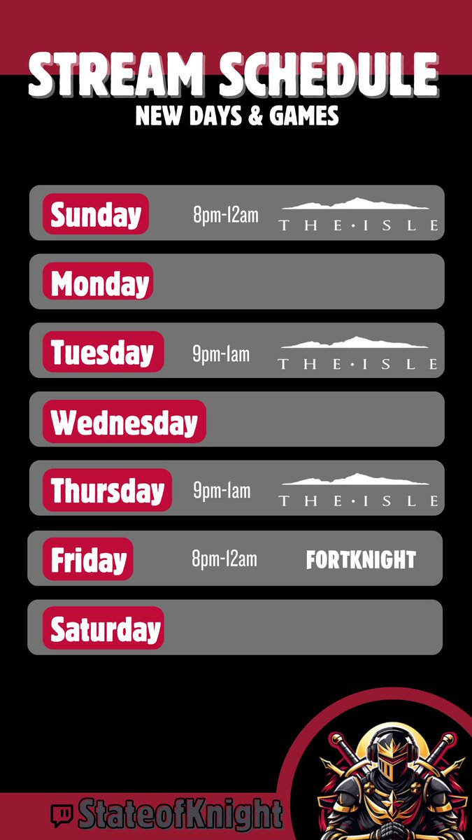 Schedule changes go into effect this week through end of May while my oldest has hockey. New times, days and games have been updated. See you on stream! twitch.tv/stateofknight#… #beardedgamer #epicpartner #theisle #Fortnite