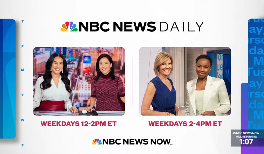 x - Marcel The Dynasty Myrick 𝕏 (@mmyrick29) on Twitter photo It's Noon in New York + DC, 11:00am in Chicago, DFW, St. Louis, & 9:00 in Los Angeles and Seattle, Begin your week with <a href="/MorganRadford/">Morgan Radford</a>. <a href="/VickyNguyenTV/">Vicky Nguyen</a>, <a href="/tvkatesnow/">Kate Snow</a> and <a href="/simplyzinhle/">Zinhle</a>, As News Daily is on @NBC, <a href="/NBCNewsNow/">NBC News NOW</a>, <a href="/peacock/">Peacock</a> & others; LIVE Right now until 4:00 ET/1:00 PT. It's Noon in New York + DC, 11:00am in Chicago, DFW, St. Louis, & 9:00 in Los Angeles and Seattle, Begin your week with <a href="/MorganRadford/">Morgan Radford</a>. <a href="/VickyNguyenTV/">Vicky Nguyen</a>, <a href="/tvkatesnow/">Kate Snow</a> and <a href="/simplyzinhle/">Zinhle</a>, As News Daily is on @NBC, <a href="/NBCNewsNow/">NBC News NOW</a>, <a href="/peacock/">Peacock</a> & others; LIVE Right now until 4:00 ET/1:00 PT.