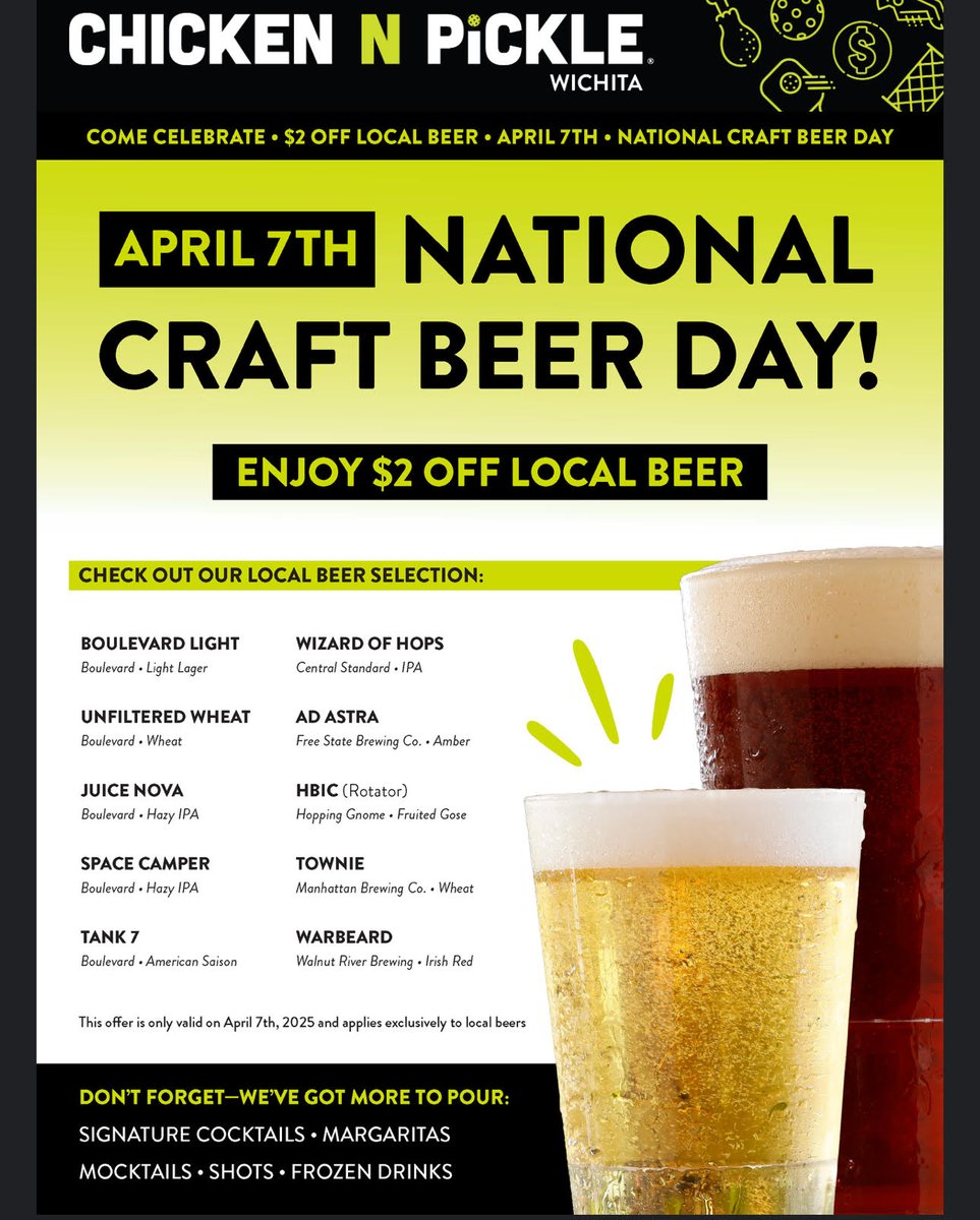 🍻 Happy National Beer Day! 🍻
Celebrate at Chicken N Pickle in Wichita and enjoy $2 off local beers—today only, April 7! 🎉