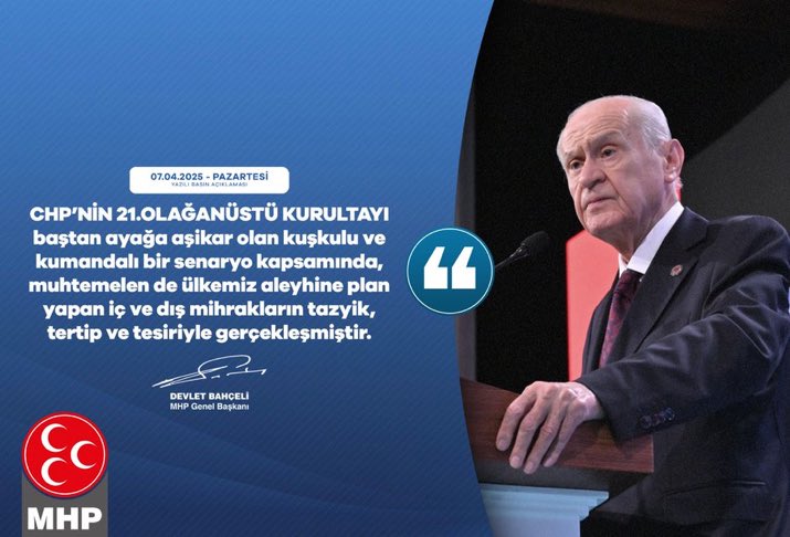 CHP’nin 21.Olağanüstü Kurultayı baştan ayağa aşikar olan kuşkulu ve kumandalı bir senaryo kapsamında, muhtemelen de ülkemiz aleyhine plan yapan iç ve dış mihrakların tazyik, tertip ve tesiriyle gerçekleşmiştir.

MHP Genel Başkanı
Devlet BAHÇELİ