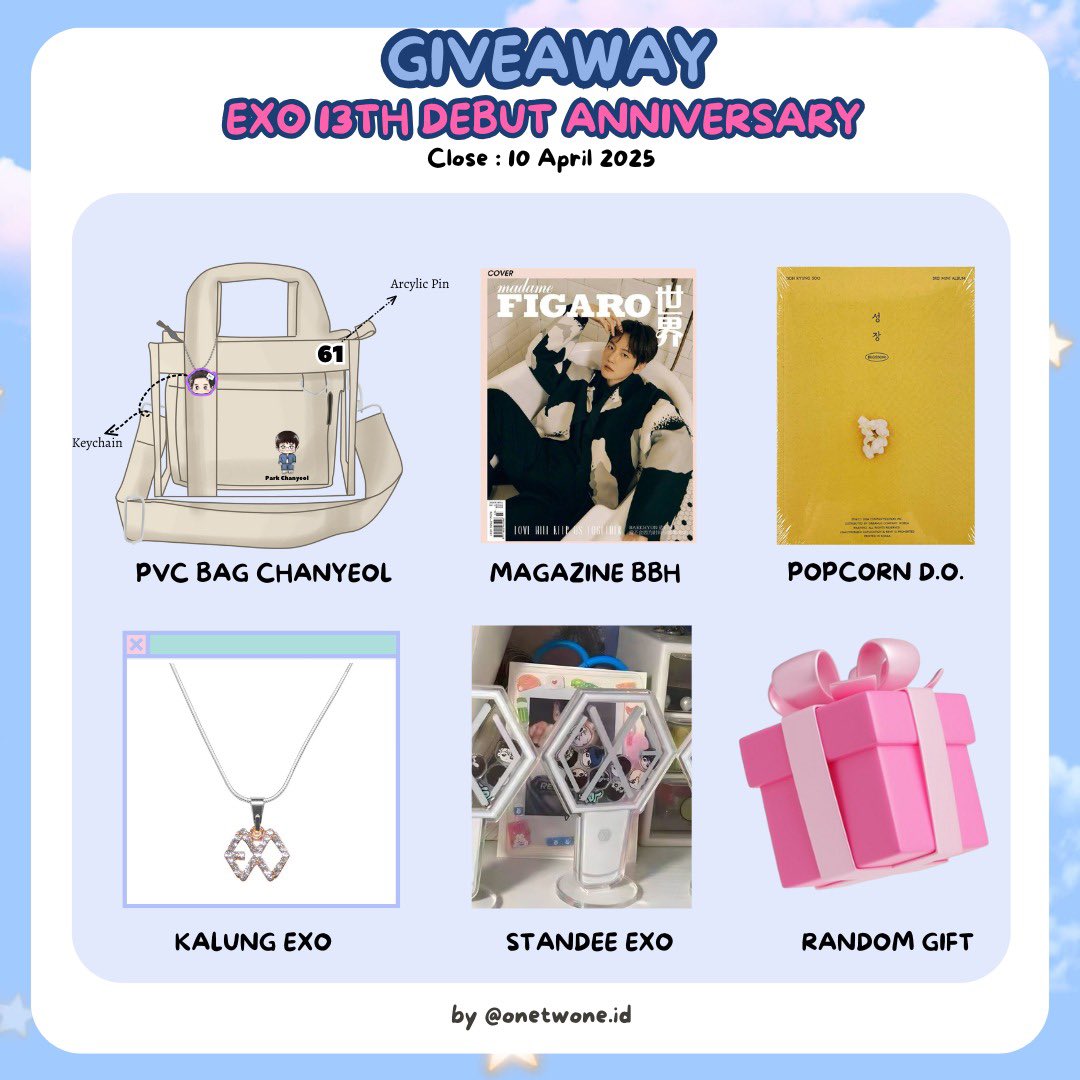 GIVEAWAY EXO 13TH ANNIV 🤍
by <a href="/onetwone_id/">𝐛𝐲 𝟏𝟐𝟏 🇮🇩</a> 

Gift : 
• PVC Bag Chanyeol
• Magazine Baekhyun (sealed -pc)
• Album D.O. Popcorn (sealed)
• Kalung liontin EXO
• Standee EXO
• Random Gift

Syarat :
1. Retweet and likes postingan ini
2. Comment yang bagus buat EXO OT9

end 10