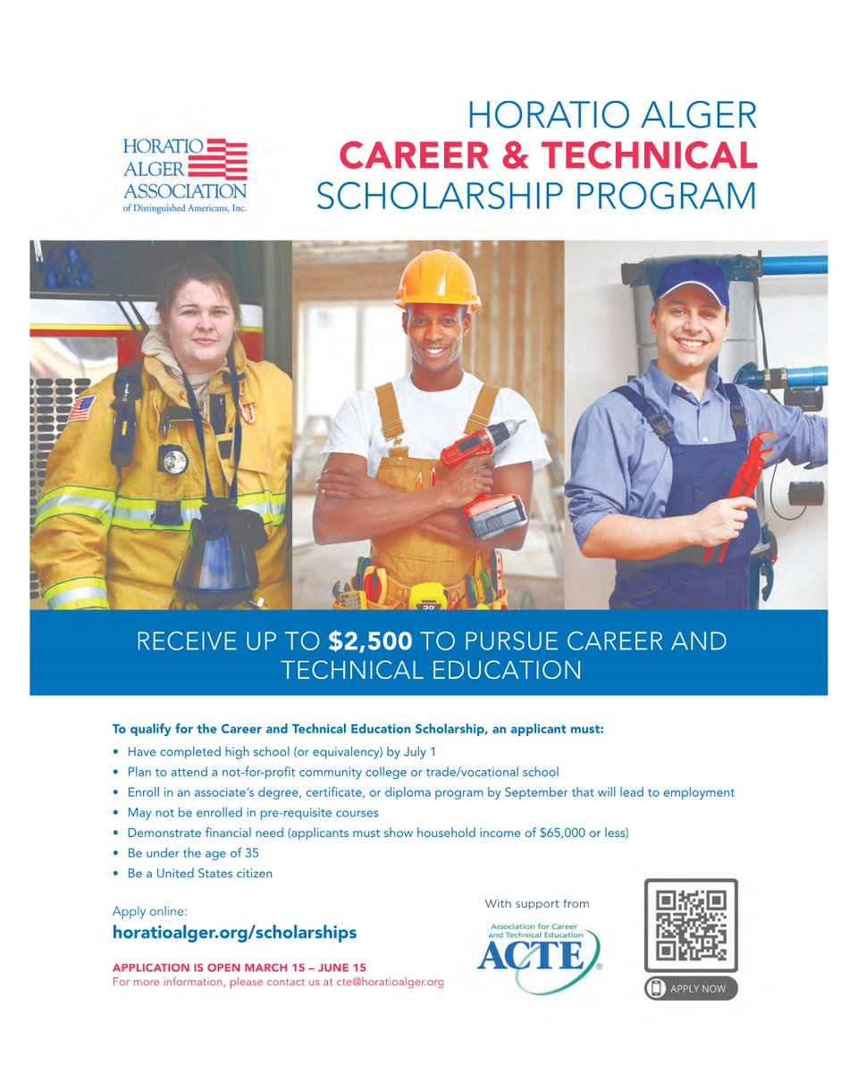 🎓💼 Looking to pursue career or technical education?

💰 Receive up to $2,500 to help fund your education.
 🗓️ Deadline: June 15, 2025
 📲 Apply now at: horatioalger.org/scholarship