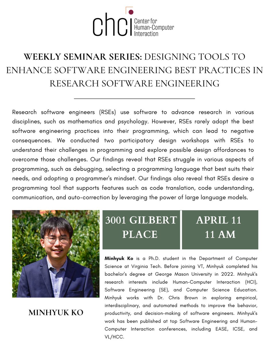 CHCI_VT's tweet image. We look forward to talks from Alaa Algargoosh and Minhyuk Ko this Friday!

More details about the seminar are in the flyers.