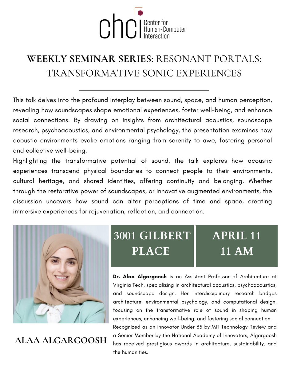 CHCI_VT's tweet image. We look forward to talks from Alaa Algargoosh and Minhyuk Ko this Friday!

More details about the seminar are in the flyers.