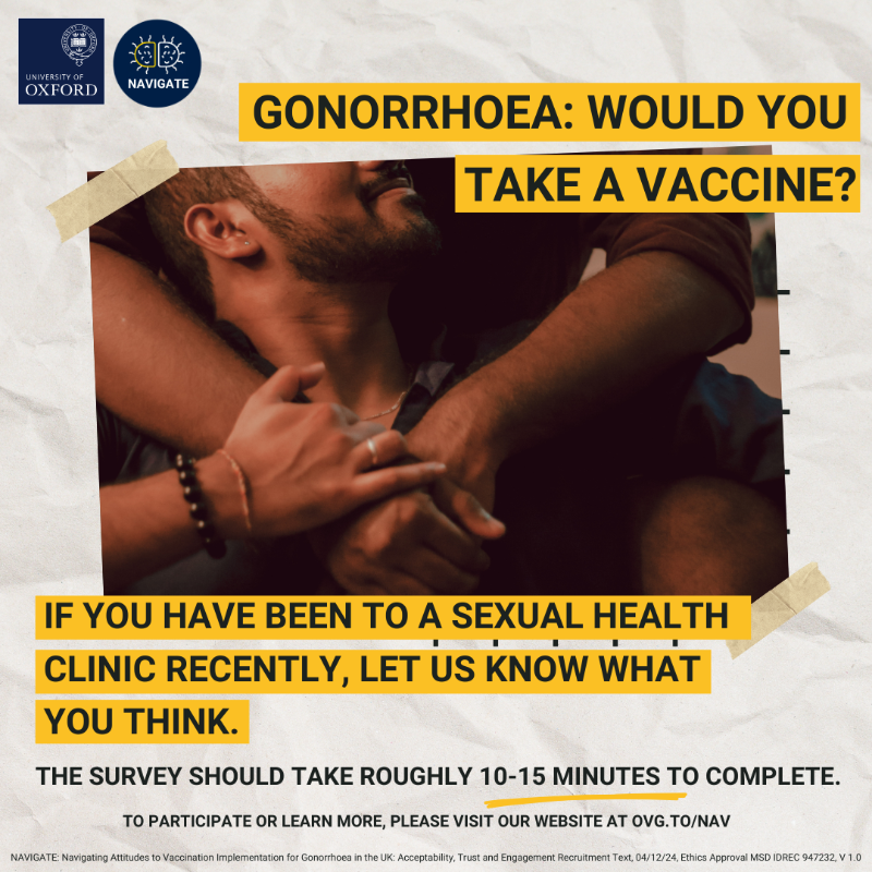 OxfordVacGroup's tweet photo. Gonorrhoea: would you take a vaccine?

If you are a 13 or 14 year old or the parent of a child this age, 18-24 years old, or a sexual health service user, we want to hear from you!

The survey should take roughly 10-15 minutes to complete.
