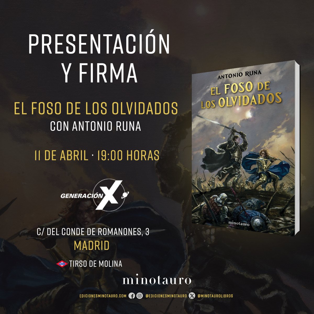 Ediciones Minotauro (@minotaurolibros) on Twitter photo Os invitamos a la presentación y firma de #ElFosoDeLosOlvidados, con <a href="/antonio_runa/">Antonio Runa</a>, que tendrá lugar el próximo 11 de abril en <a href="/GenXTirso/">GeneraciónX Tirso</a> de #Madrid.
🕐 19:00h
📍Calle del Conde de Romanones, 3 (Madrid)
✍️ ¡Acércate y llévate tu ejemplar dedicado! Os invitamos a la presentación y firma de #ElFosoDeLosOlvidados, con <a href="/antonio_runa/">Antonio Runa</a>, que tendrá lugar el próximo 11 de abril en <a href="/GenXTirso/">GeneraciónX Tirso</a> de #Madrid.
🕐 19:00h
📍Calle del Conde de Romanones, 3 (Madrid)
✍️ ¡Acércate y llévate tu ejemplar dedicado!