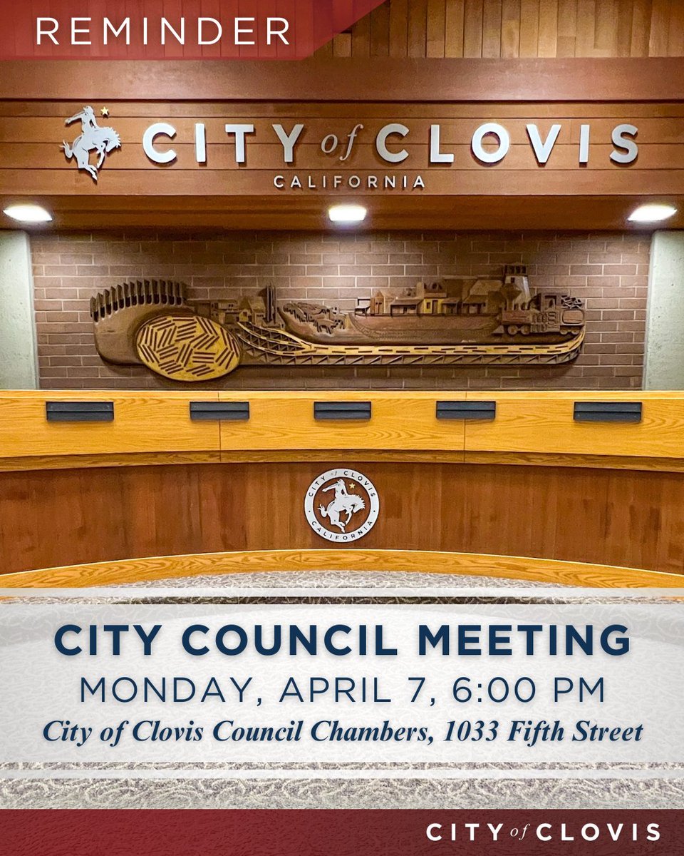 The Clovis City Council will meet this evening, Mon, April 7, 2025, at 6:00 PM in the Council Chambers.

Members of the public are invited to attend &amp; can provide public comment in person or online.

View the agenda, watch the meeting, or submit a comment: cityofclovis.com/government/cit…