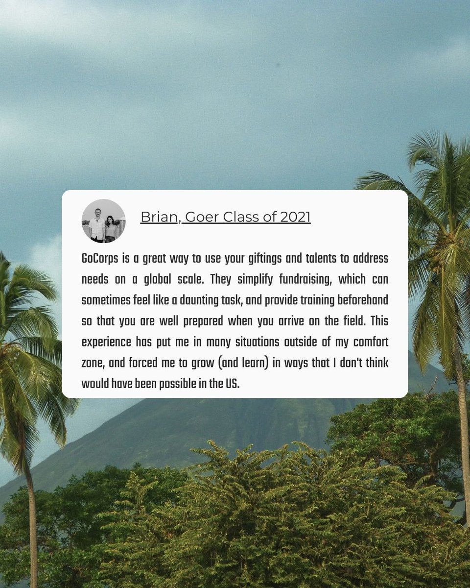 GoCorps's tweet image. What's your next step after graduation?  What if you put your 'yes' on the table and let God put it on the map to move you out of your comfort zone? 

Use your skills and degrees to make an eternal impact somewhere that the majority of people around you have never heard of Jesus.