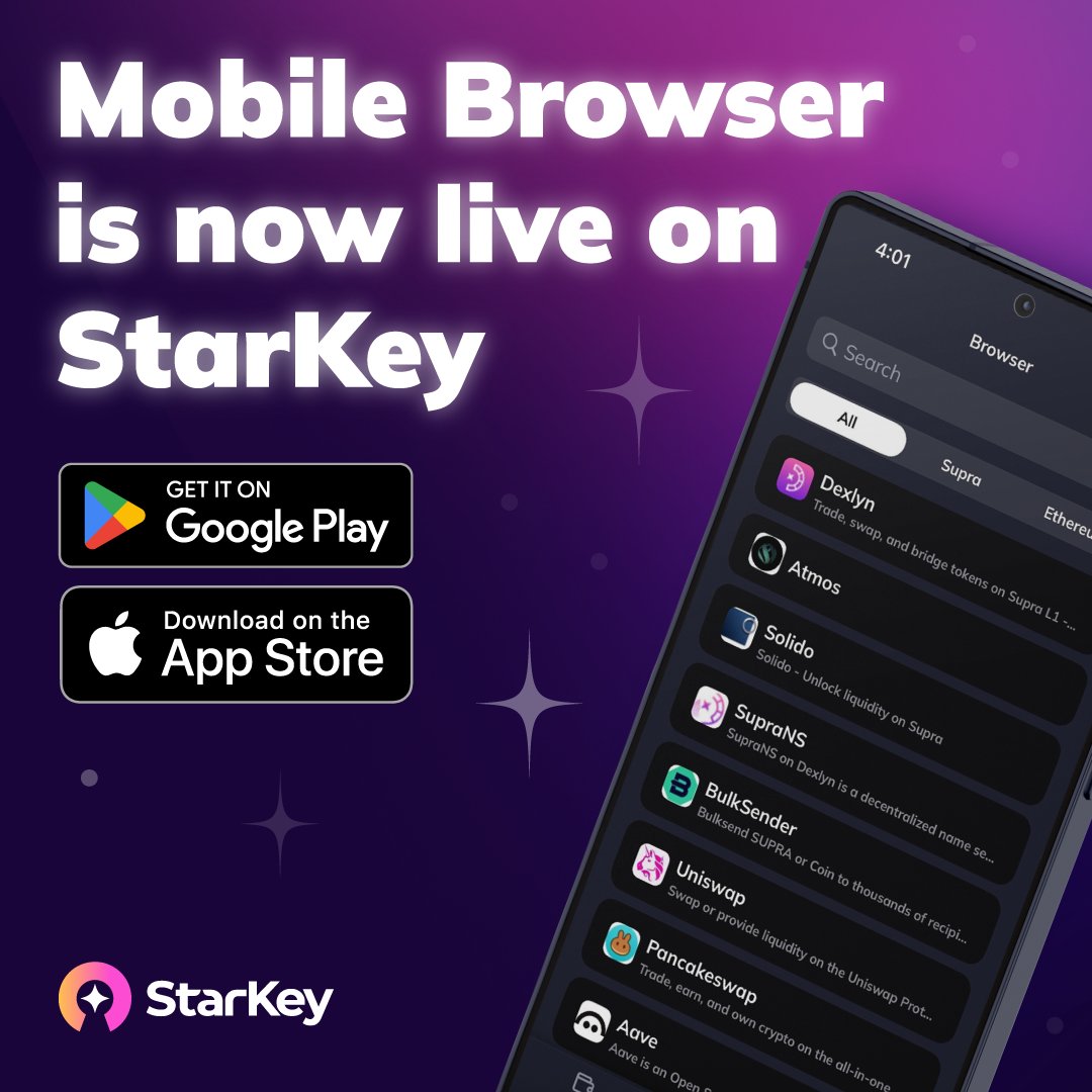 The Mobile Browser is now live on StarKey Wallet ✨

You can now use dApps on Supra on your iOS and Android devices!

Try it out and share your feedback with our team, we're constantly iterating, building, and improving the app.

More features coming out soon⚡️