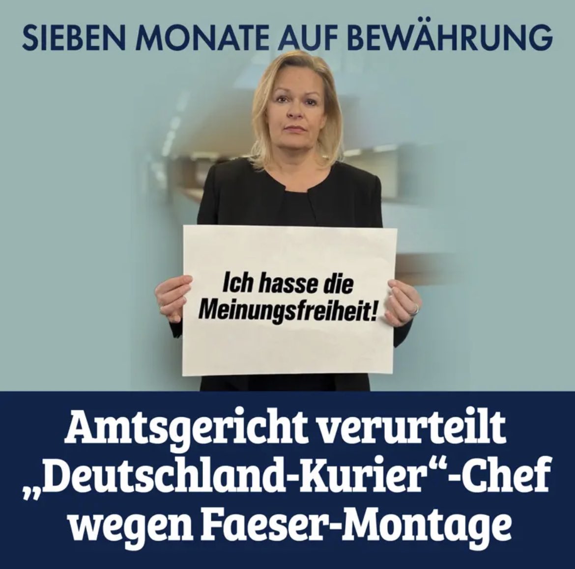 7 Monate auf Bewährung wegen des Postens einer Montage von Innenministerin Nancy #Faeser für den Chef des Deutschlandkuriers - doch dieser will sich juristisch dagegen wehren. #NIUS nius.de/nachrichten/ne…