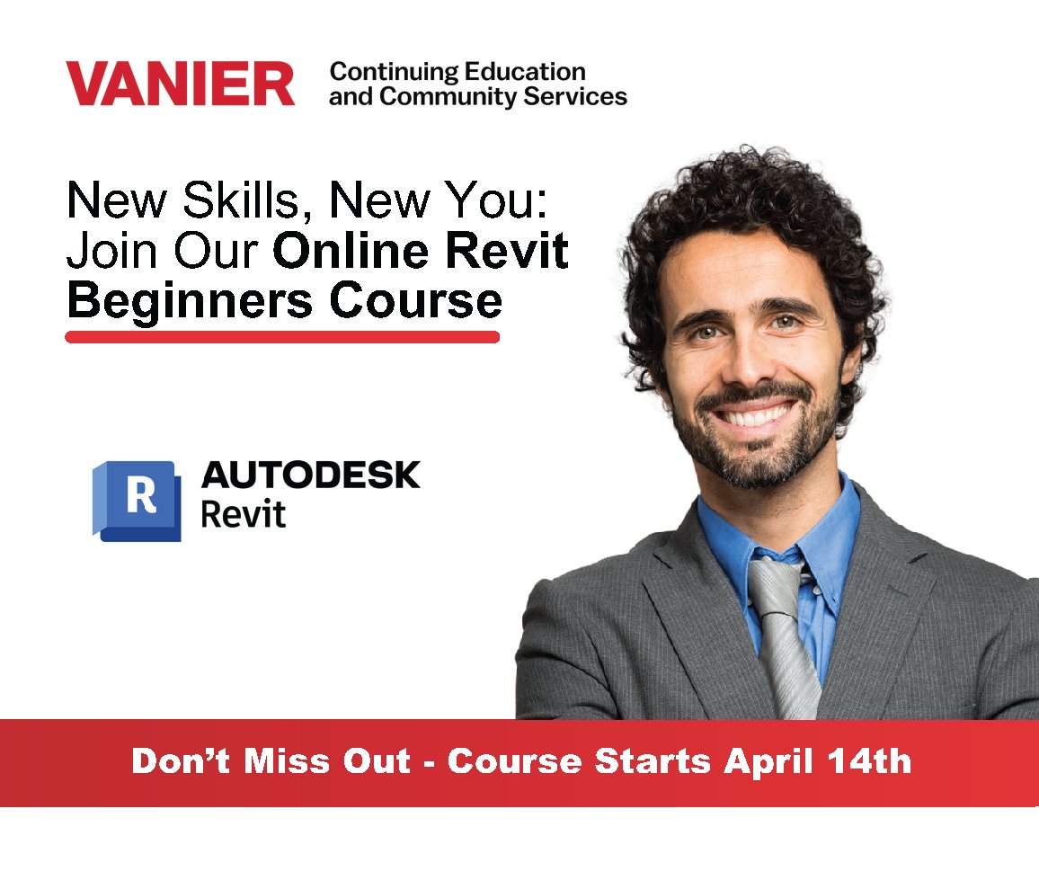 Join our #Revit #Architecture – Beginner #Course at Vanier College Continuing Education starting in April! 
Inscrivez-vous à notre #cours d'introduction à Revit Architecture avec la Formation Continue du Collège Vanier débutant à partir d'avril! 
bit.ly/4clibKt