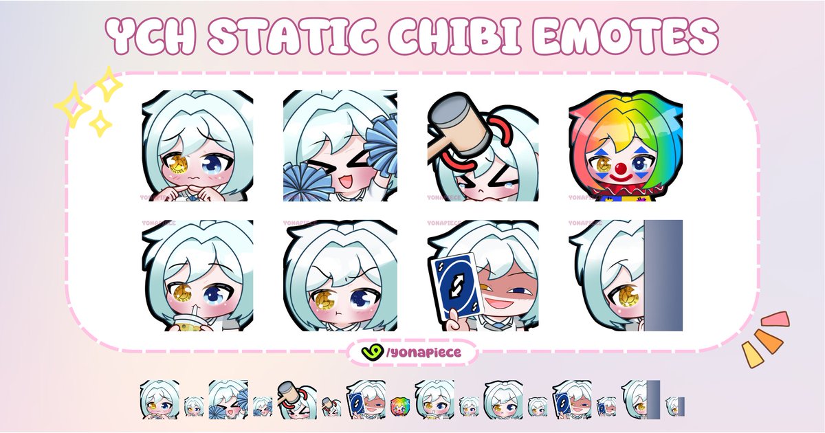 yonapiece's tweet photo. My YCH Chibi Emote Bundle service is now available on VGen! The base price starts at $10!

Please help me get my verified badge artist! https://t.co/XqcKeaGWwM or you can directly message me!  

♥️&amp;🔁 are appreciated!

#OpenCommission #VGenCommission #TwitchAssets #Chibi https://t.co/7etINTuvIc