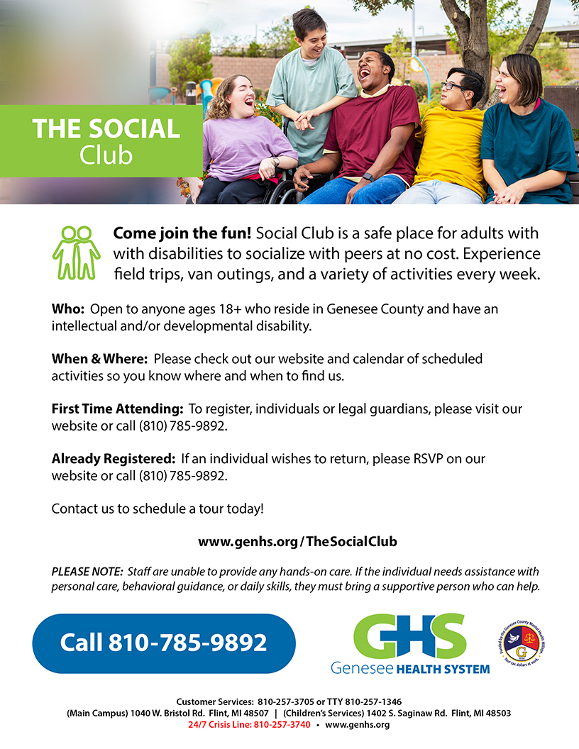 Genesee County adults with disabilities, you are invited to the GHS Social Club! We have field trips, van outings, and a variety of activities all month long at no cost.

Schedule a tour to get started at genhs.org/TheSocialClub.