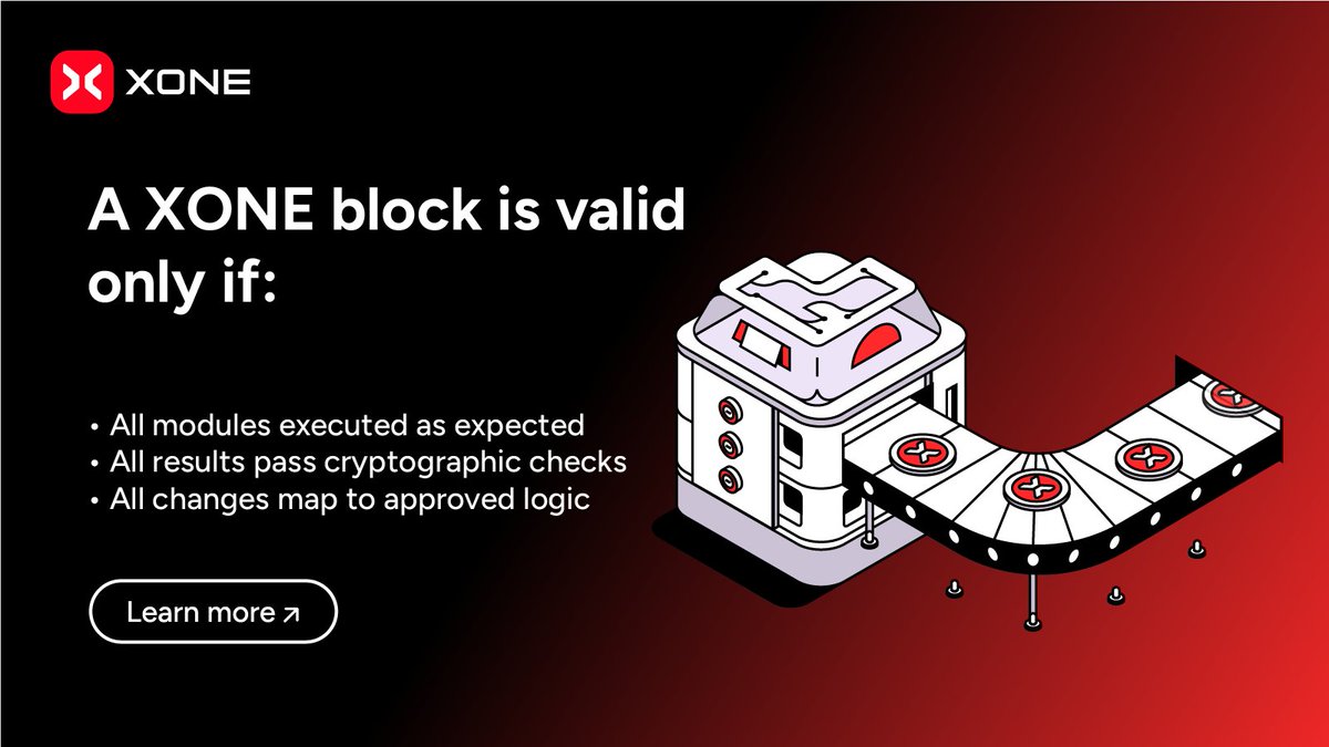 xone_chain's tweet image. A XONE block is valid only if:
• All modules executed as expected
• All results pass cryptographic checks
• All changes map to approved logic
It’s not just state sync.
It’s computation you can verify—line by line.
#XONE #ModularExecution #VerifiableLogic