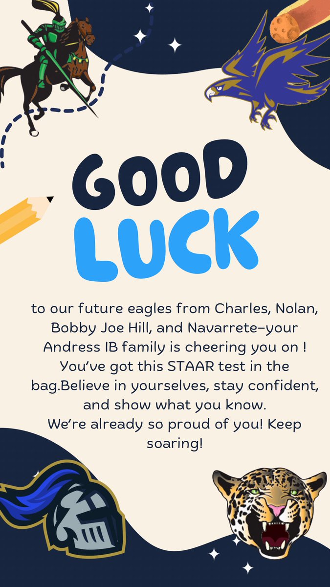 Andress High School International Baccalaureate (@ibandress) on Twitter photo Sending good vibes on the up coming STAAR testing season to our incoming Andress IB Eagles! π
<a href="/ODPHIRuben/">Luis Ruben Alarcon</a>
<a href="/MrAndrade_AHS/">Mr. Andrade π¦
β€οΈπ</a>
<a href="/Jones_EPISD/">Shari Jones, Ed.S.</a>
<a href="/ElenaMo2016/">Elena Spalloni-Montero</a>
<a href="/maestrada82/">Melissa Estrada</a>
Navarrette MS Sending good vibes on the up coming STAAR testing season to our incoming Andress IB Eagles! π
<a href="/ODPHIRuben/">Luis Ruben Alarcon</a>
<a href="/MrAndrade_AHS/">Mr. Andrade π¦
β€οΈπ</a>
<a href="/Jones_EPISD/">Shari Jones, Ed.S.</a>
<a href="/ElenaMo2016/">Elena Spalloni-Montero</a>
<a href="/maestrada82/">Melissa Estrada</a>
Navarrette MS