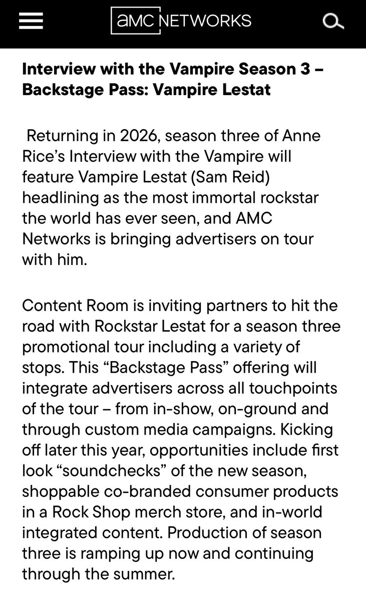 The official press release from AMC on the IWTV S3 news ‼️💙

-IWTV S3 will premiere in 2026
-Pre-production for S3 has started
-The promotional tour is called “Backstage Pass” and with a “variety of stops”