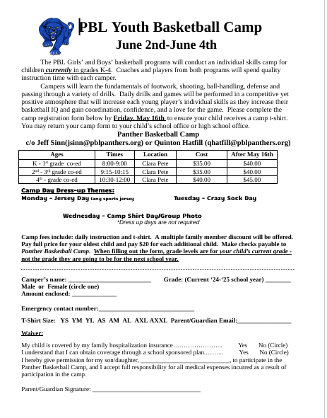 PBL Boys Basketball (@pbl_bb) on Twitter photo 🚨Grade School PBL Basketball Camp Forms🚨
When: June 2-4
Deadline Friday May 16th
Who: Current K-4th Graders
<a href="/PBLGirls/">PBL Lady Panther Basketball</a> <a href="/PBLCUSD10/">PBL CUSD 10</a> 🚨Grade School PBL Basketball Camp Forms🚨
When: June 2-4
Deadline Friday May 16th
Who: Current K-4th Graders
<a href="/PBLGirls/">PBL Lady Panther Basketball</a> <a href="/PBLCUSD10/">PBL CUSD 10</a>