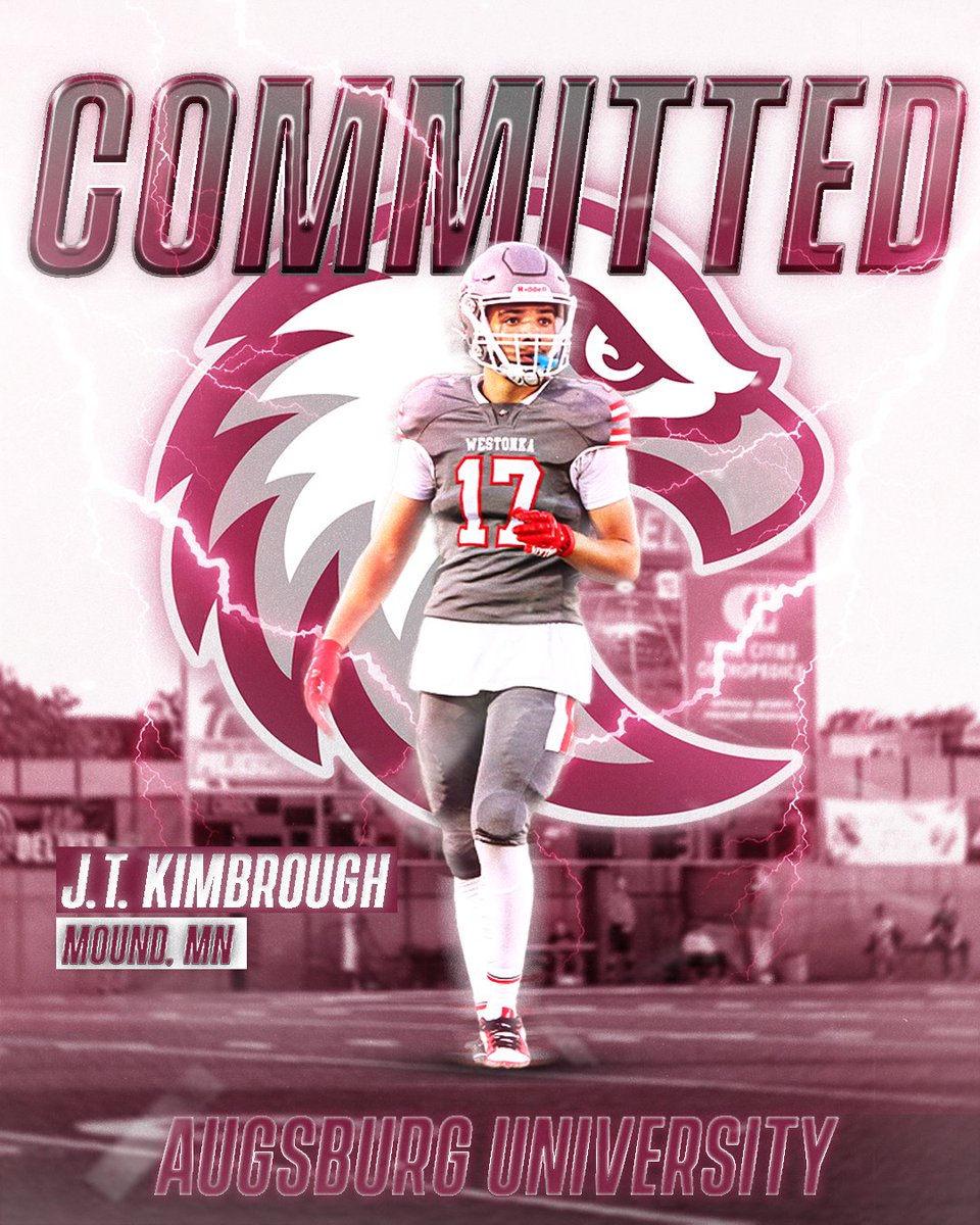 JT Kimbrough (@jtkimbroug6141) on Twitter photo I am blessed to announce that I am going to continue my athletic and academic career at Augsburg University. I want to thank <a href="/johnson_fallah/">Johnson Fallah</a> and <a href="/Augsburg_FB/">Augsburg Football</a> for believing in me and giving me this opportunity.
<a href="/WestonkaFB/">Westonka Football</a> I am blessed to announce that I am going to continue my athletic and academic career at Augsburg University. I want to thank <a href="/johnson_fallah/">Johnson Fallah</a> and <a href="/Augsburg_FB/">Augsburg Football</a> for believing in me and giving me this opportunity.
<a href="/WestonkaFB/">Westonka Football</a>