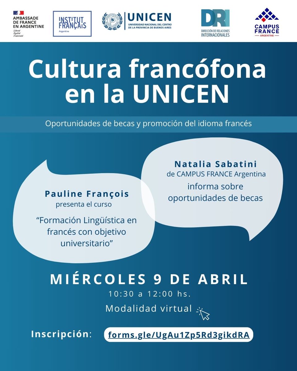🖋Inscribite para participar de la charla virtual de <a href="/campusfrance/">Campus France</a> sobre estudios en Francia🇨🇵 este miércoles 9 de abril a las 10:30 hs. en el marco de la Jornada Cultura Francófona en la UNICEN.
docs.google.com/forms/d/e/1FAI…