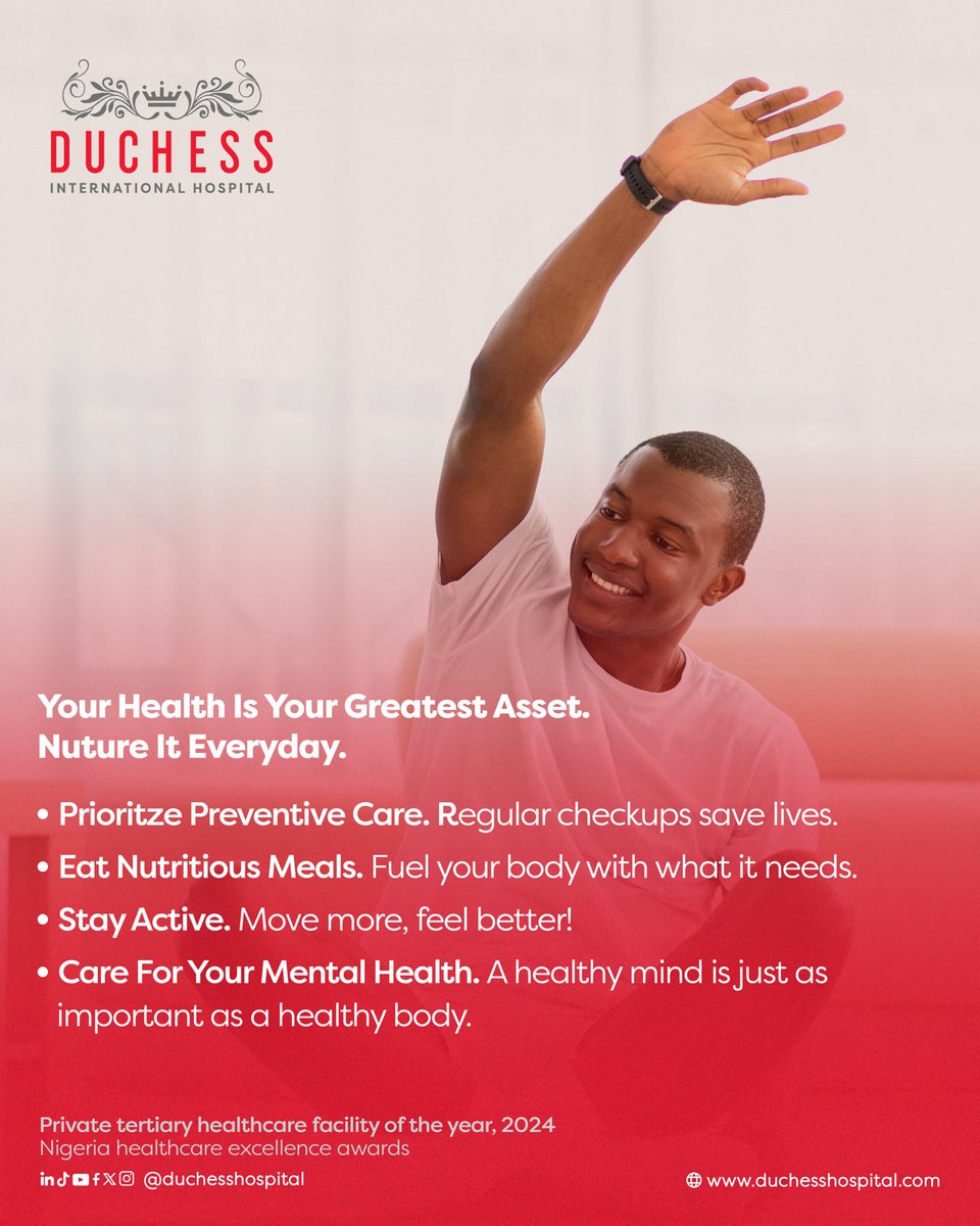 DuchessHospital's tweet photo. Good health isnât just about avoiding illness, it is about making daily choices that help you thrive.Â
Small actions today lead to a stronger tomorrow!
#WorldHealthDay
#duchesshospital
#Duchessaffordablehealthcare
#duchesstransforminghealthcare
#reversemedicaltourism https://t.co/iXaJBv5DYG