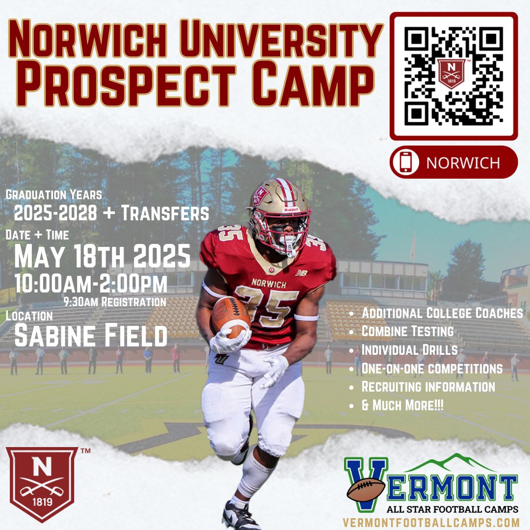 Vermont All-Star Football Camps (@vtfootballcamps) on Twitter photo 6 weeks away from the <a href="/NorwichFB/">Norwich Football</a> prospect camp. Make sure to sign up today to secure your spot!
vermontallstar.playbookapi.com/programs/more_… 6 weeks away from the <a href="/NorwichFB/">Norwich Football</a> prospect camp. Make sure to sign up today to secure your spot!
vermontallstar.playbookapi.com/programs/more_…