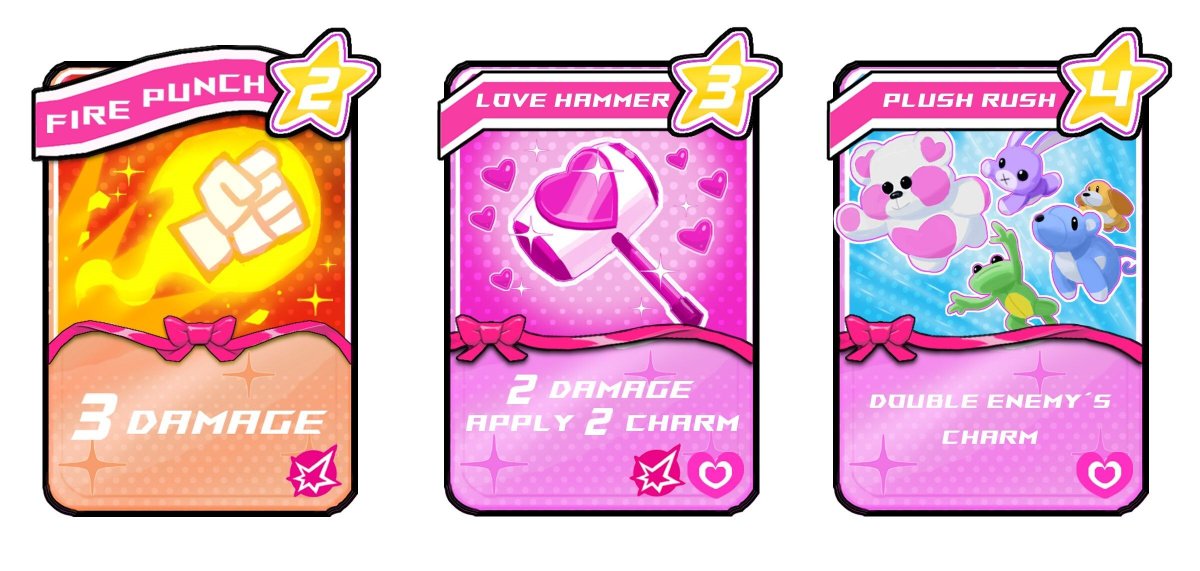 Fiery Fisticuffs? 🔥 👊  Check ✅
Giant Hammer? 🔨 💗 Check ✅
An Army of Stuffed Animals? ... Sure, why not? ✅

These are prototype cards for the battle phase of Part-Time Hero! They're flashy! Maybe TOO flashy! Had to scale back a bit!

✨// buff.ly/5JOo8Fe