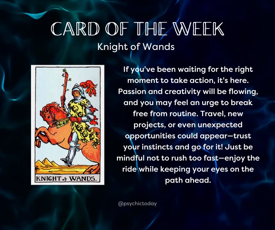 PsychicToday's tweet image. Now is the time to take action 🌟

#cardoftheweek #angelcard #tarotcard #tarotreading #angel #angelguidance #minoracrana #wands #knightofwands