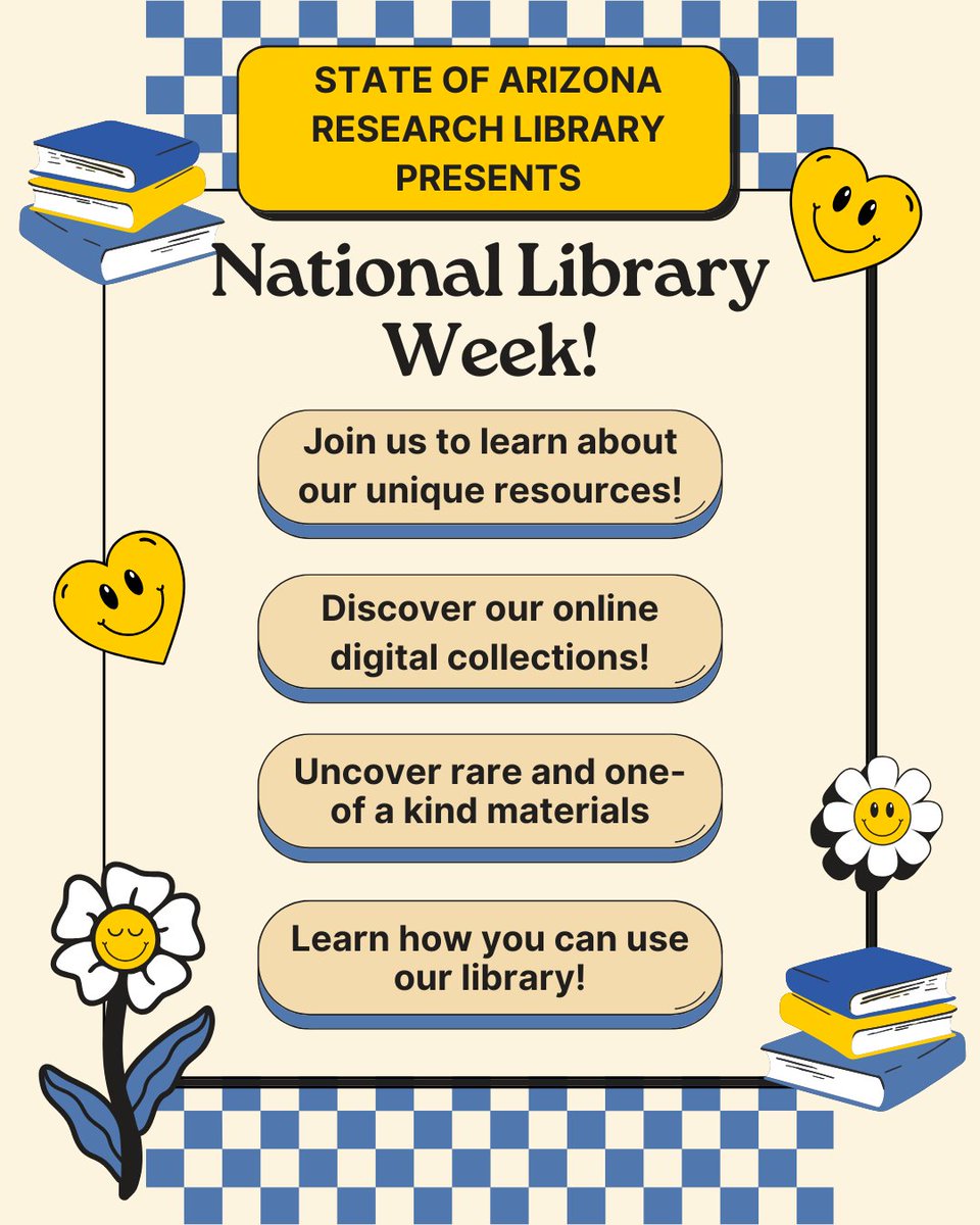 Happy National Library Week! 📚🥳 This week we will be sharing some of the many resources the State of Arizona Research Library has to offer! Follow along to learn more about what we have and what we can do for you 😀

#NationalLibraryWeek #STARL #LibraryLove
