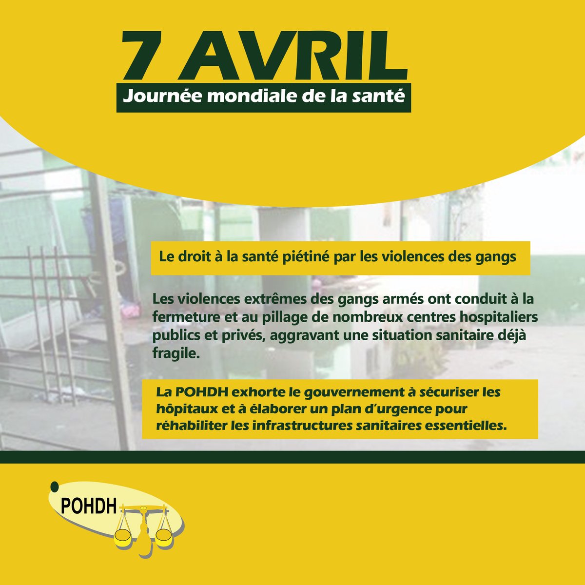 Des violences extrêmes ont conduit à la fermeture, au pillage de nbreux centres hospitaliers, aggravant une situation sanitaire déjà fragile. A ce jr, aucune mesure n'a été prise pr endiguer les violences des gangs, qui continuent à semer la terreur en tte impunité.