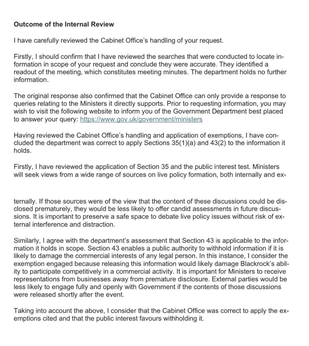 Lewis_Brackpool's tweet image. UPDATE — The Cabinet Office is still refusing to release the minutes of Keir Starmer’s private meeting with BlackRock’s Larry Fink in November 2024.

They’ve upheld their decision under Section 35 (policy formulation) and Section 43 (commercial interests).

Despite acknowledging…