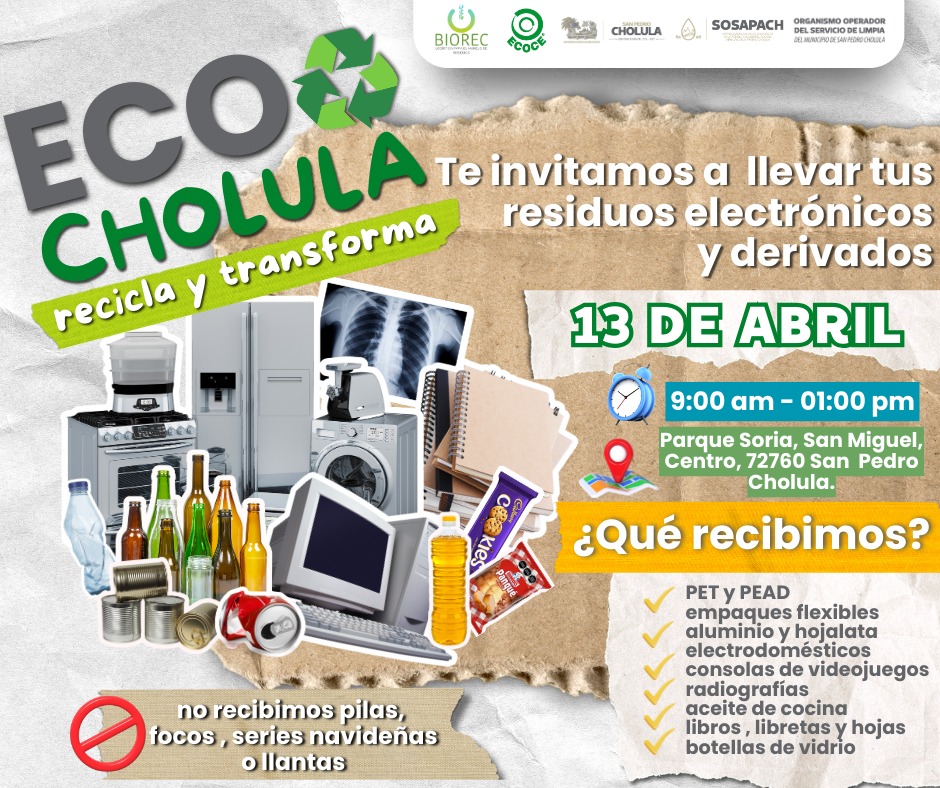 Este domingo te esperamos en EcoCholula ♻️

Tu participación ayuda a construir una Cholula más limpia y sostenible:

📅 Domingo 13 de abril
🕘 De 9:00 a 13:00 h
📍 Explanada Soria-Xelhua

Electrónicos, radiografías, empaques, papel, cartón y vidrio

#CholulaFluye
