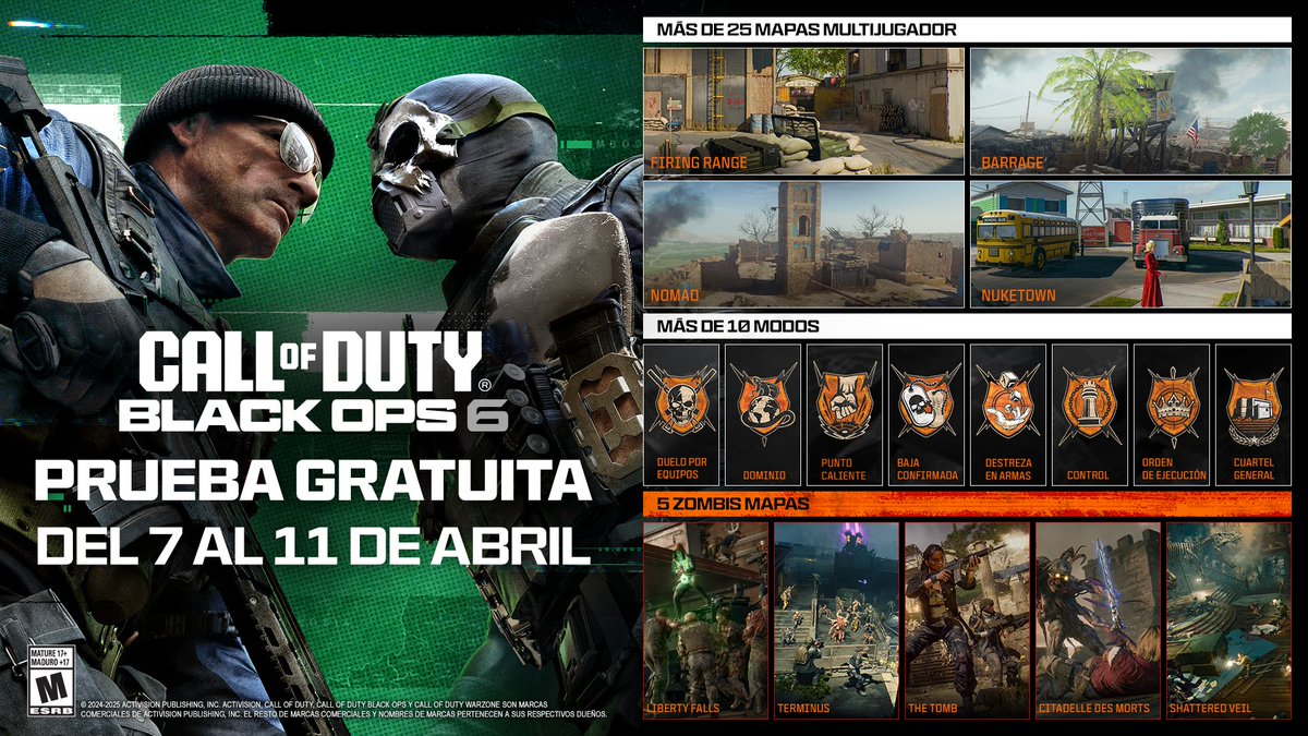 🗣️ Consigue ACCESO GRATUITO a la acción Multijugador y de Zombies de #BlackOps6, incluyendo Mapas de la Temporada 3 como Firing Range, Shattered Veil y modos como Sharpshooter del 7 al 11 de abril 🔥