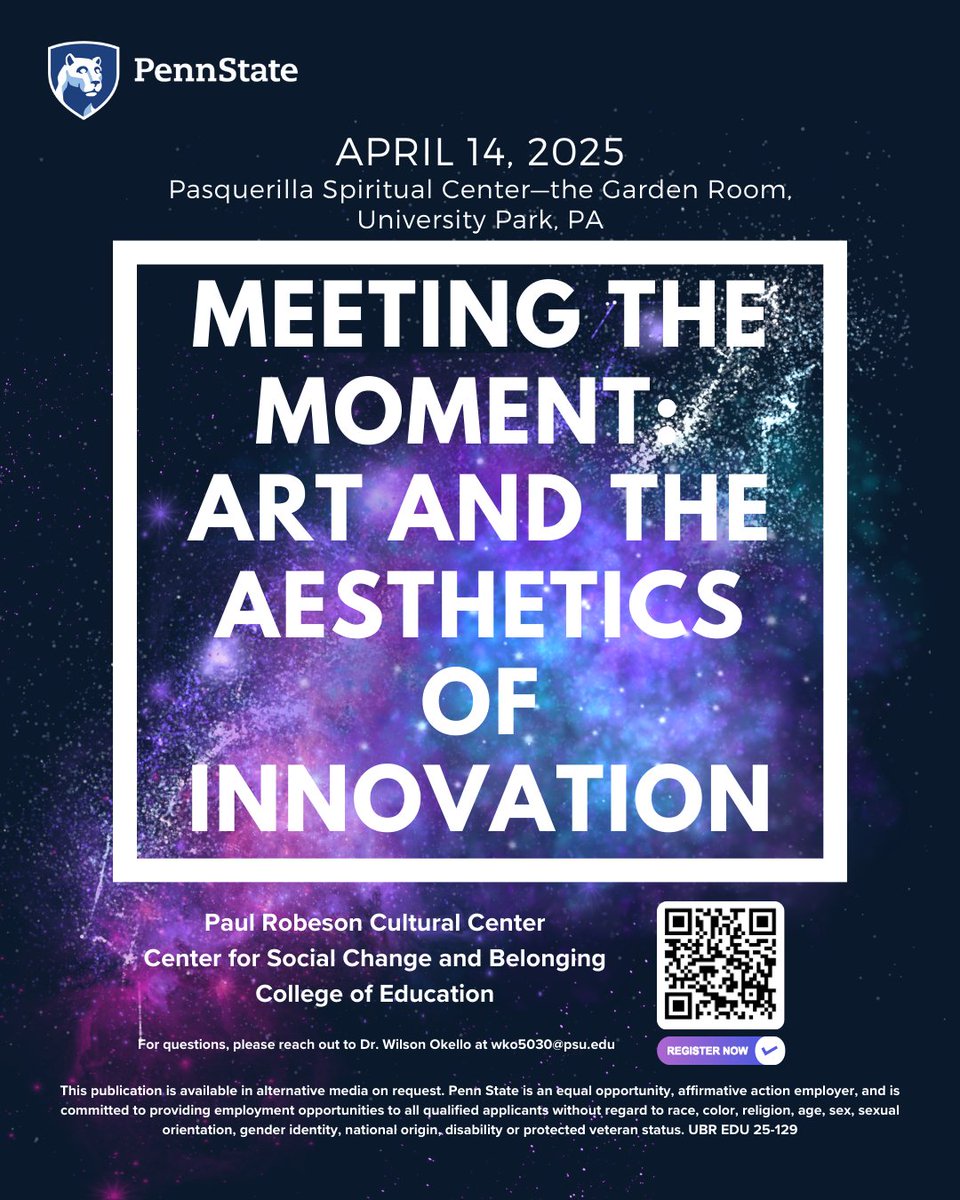 ✨ Meeting the Moment: Art &amp; the Aesthetics of Innovation
Explore how art fuels resistance, healing &amp; well-being through talks, performances &amp; workshops.
📅 Apr 14, 2025
📍 PSU Pasquerilla Spiritual Center
🍽️ Free breakfast &amp; lunch

🔗 Register now: forms.office.com/pages/response…