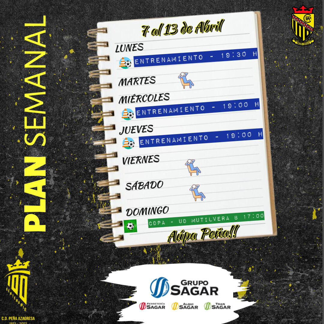 #PLANSEMANAL. Ofrecido por <a href="/gruposagar/">Grupo Sagar</a>

Este es el plan para esta semana del primer equipo,

🏋️ Lunes, 07/04 19:30

🏋️ Miércoles, 09/04 19:00

🏋️ Jueves, 10/04 19:00

⛹️ Domingo, 13/04 17:00 VS <a href="/UD_Mutilvera/">U.D.Mutilvera</a> B
en el Miguel Sola

Aúpa Peña!!

#100añosdehistoriaconstruyamoselfuturo