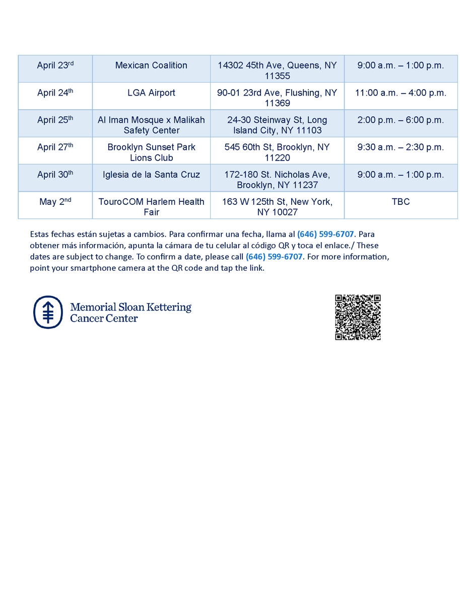 MSKCC Immigrant Health & Cancer Disparities Center (@mskihcd) on Twitter photo <a href="/mskihcd/">MSKCC Immigrant Health & Cancer Disparities Center</a>'s Mobile Health Screening Program provides free health screening and cancer screening education & referral services. The full schedule for April and list of services offered by our outreach team is attached below. <a href="/mskihcd/">MSKCC Immigrant Health & Cancer Disparities Center</a>'s Mobile Health Screening Program provides free health screening and cancer screening education & referral services. The full schedule for April and list of services offered by our outreach team is attached below.
